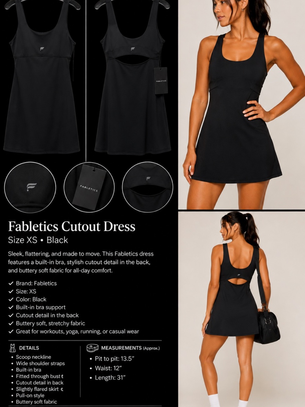 Fabletics Black Cutout Mini Dress with Built-In Bra